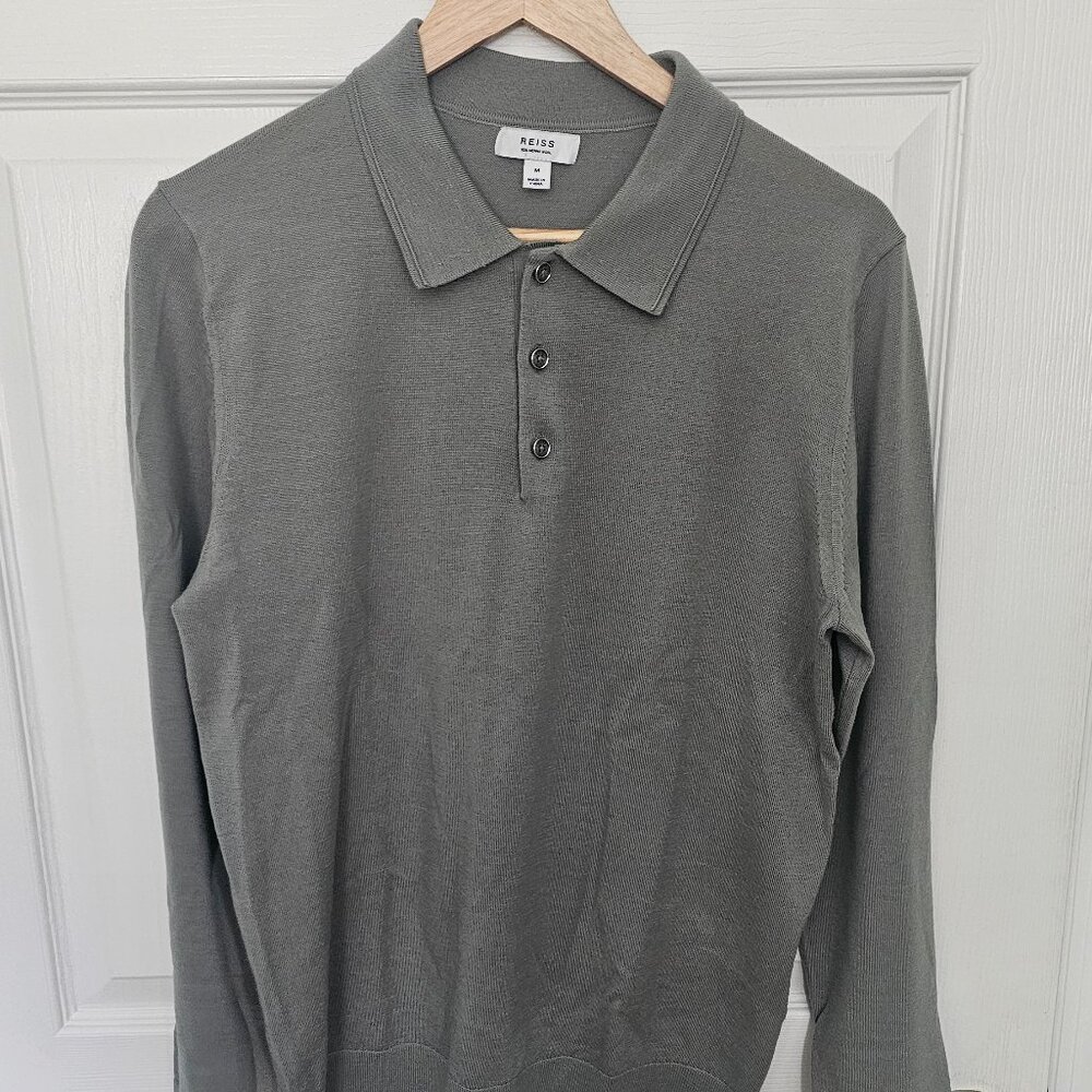 REISS Men’s Merino Wool Long Sleeve Polo Sweater - Slim Fit - Sage Green Size M